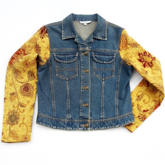 dup CAbi Jean Denim Jacket Gold Tapestry Brocade Sleeves Pockets S - Picture 2 of 8